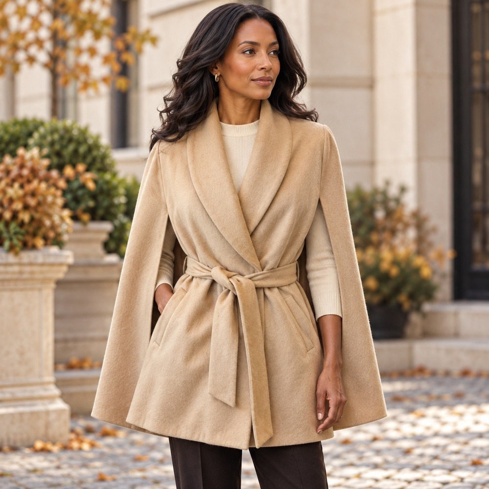 Ellsworth & Ivey Cape Coat Virgin Wool Blend Womens M Tan Camel Shawl Belt